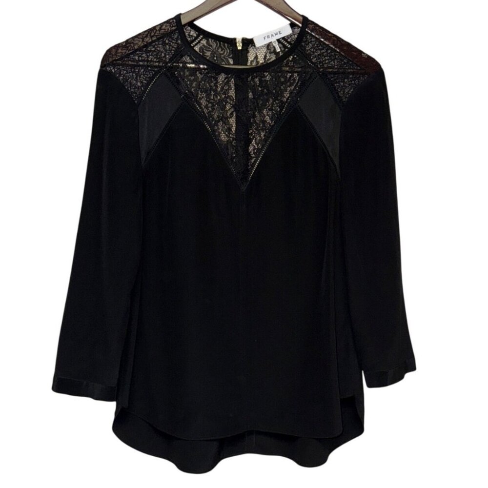 Frame Women's Blouse Luxe Black Lace Yoke Long Sleeve Satin Evening Chic XS